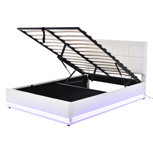 Cama estofada 140x200 cm - LED, armazenamento hidráulico, cama de casal, branca