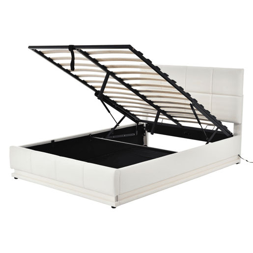 Cama estofada 140x200 cm - LED, armazenamento hidráulico, cama de casal, branca