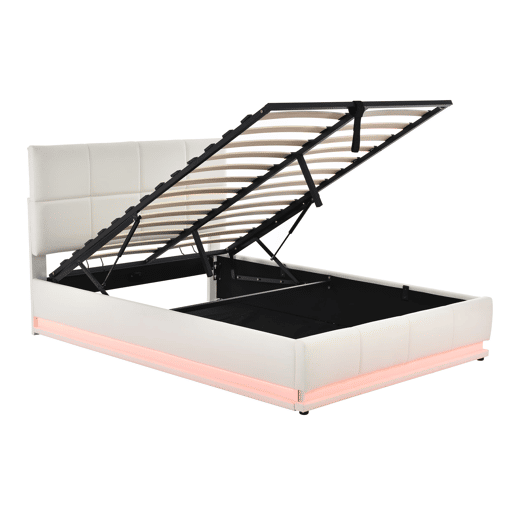 Cama estofada 140x200 cm - LED, armazenamento hidráulico, cama de casal, branca
