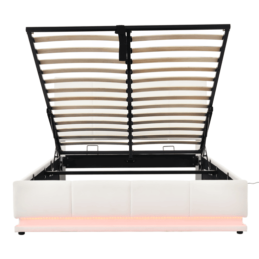 Cama estofada 140x200 cm - LED, armazenamento hidráulico, cama de casal, branca