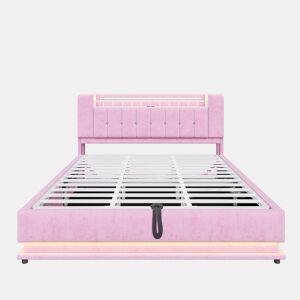 Cama estofada 180x200 cm - Com iluminação LED, USB, armazenamento hidráulico, veludo, metal - Rosa