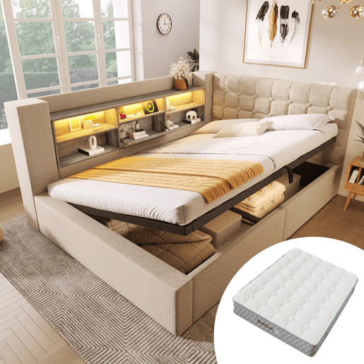 Cama estofada 140x200 - LED, armazenamento hidráulico, cabeceira L, colchão incluído - Bege