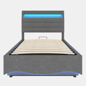 Cama estofada 90x200 cm - com iluminação LED, mecanismo hidráulico, portas USB e Tipo-C, compartimento e prateleiras, tecido de linho - Cinza