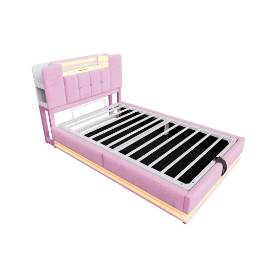 Cama infantil 90x200 cm - Com iluminação LED, porta USB, armazenamento hidráulico, estofamento em veludo, estrutura metálica - Rosa Cama infantil 90x200 cm - Com iluminação LED, porta USB, armazenamento hidráulico, estofamento em veludo, estrutura metálica - Rosa