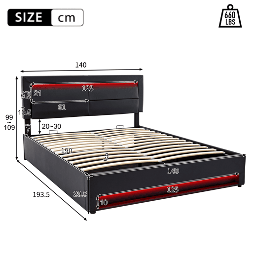 Cama contentora em couro sintético 140x190 cm com LED - com portas de carregamento (com e sem fios) - Preto