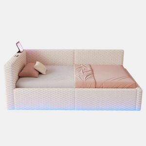 Cama estofada 90 x 200 cm - iluminação LED, porta de carregamento Tipo C e 2 portas USB, encosto macio em forma de L, tecido de veludo, base hidráulica - Bege