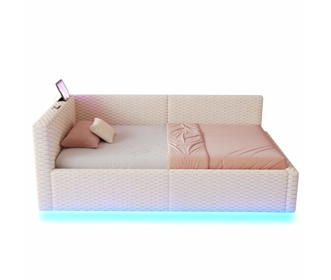 Cama tapizada 90 x 200 cm - iluminación led, puerto de carga tipo-c y 2 usb, respaldo blando en forma de l, tejido de terciopelo, somier hidráulico -