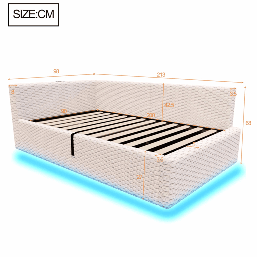 Cama estofada 90 x 200 cm - iluminação LED, porta de carregamento Tipo C e 2 portas USB, encosto macio em forma de L, tecido de veludo, base hidráulica - Bege