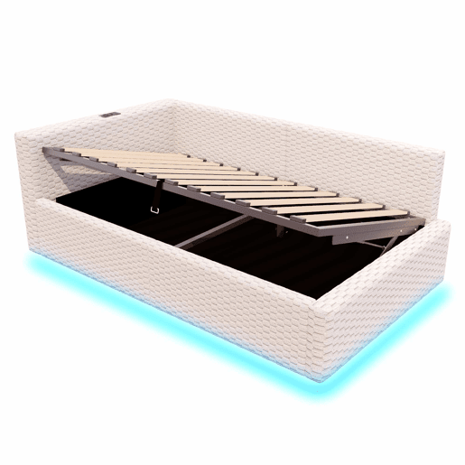Cama estofada 90 x 200 cm - iluminação LED, porta de carregamento Tipo C e 2 portas USB, encosto macio em forma de L, tecido de veludo, base hidráulica - Bege