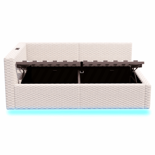 Cama estofada 90 x 200 cm - iluminação LED, porta de carregamento Tipo C e 2 portas USB, encosto macio em forma de L, tecido de veludo, base hidráulica - Bege