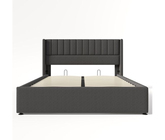 Cama contenedor tapizada 140x200 cm en lino con somier de láminas - gris