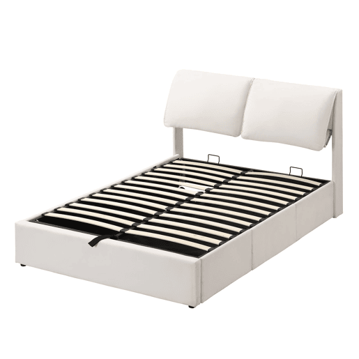Cama estofada, 140x190 - hidráulica, 3 gavetas, baú, estrado com cabeceira, sem colchão - bege
