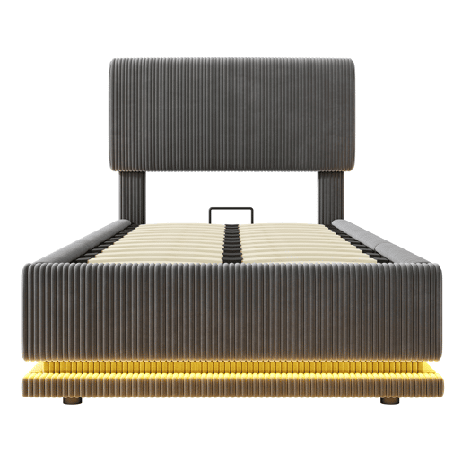 Cama estofada 90x200 - LED, USB-C, cabeceira ajustável, arrumação, tecido de veludo cotelê - Cinza