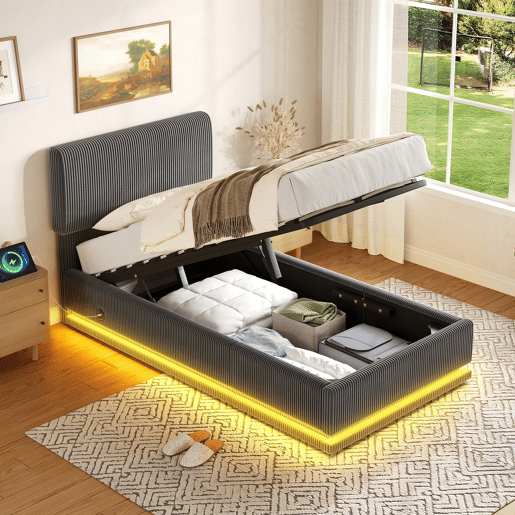 Cama estofada 90x200 - LED, USB-C, cabeceira ajustável, arrumação, tecido de veludo cotelê - Cinza