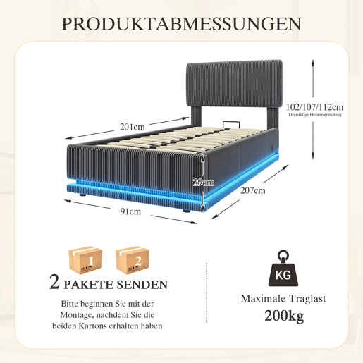 Cama estofada 90x200 - LED, USB-C, cabeceira ajustável, arrumação, tecido de veludo cotelê - Cinza