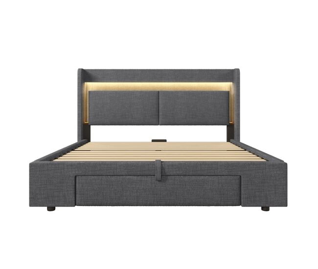 Cama tapizada 160x200 - almacenamiento hidráulico, cabecero con led y usb - gris