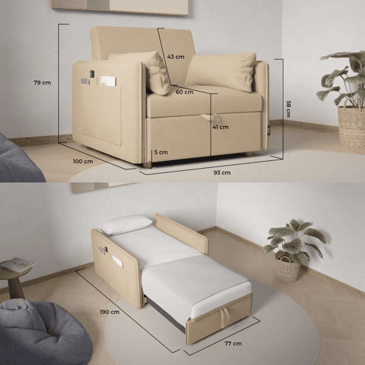 Poltrona cama Nest 1 Nalui Recliner 3 em 1 (93x100x79cm) com 2 almofadas Beige