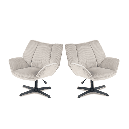 Conjunto 2 Poltronas De Escritório Ou Sala Giratória Estofada Em Tecido De Veludo Canelado Taupe Com Base Metálica Preta Altura Ajustável Estilo Escandinavo Ideal Para Ambientes Modernos