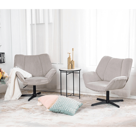 Conjunto 2 Poltronas De Escritório Ou Sala Giratória Estofada Em Tecido De Veludo Canelado Taupe Com Base Metálica Preta Altura Ajustável Estilo Escandinavo Ideal Para Ambientes Modernos