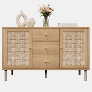 Aparador 120 x 40 x 75 cm - 2 portas, 3 gavetas, prateleiras ajustáveis, pés metálicos, antiderrapante, para sala de estar, corredor, cozinha - carvalho
