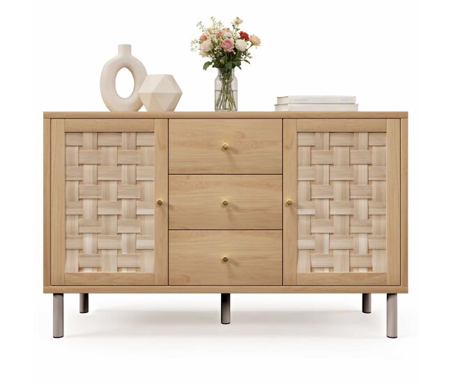 Aparador 120x40x75 cm - 2 puertas, 3 cajones, estantes regulables, patas metálicas, antideslizante, para salón, pasillo, cocina - roble