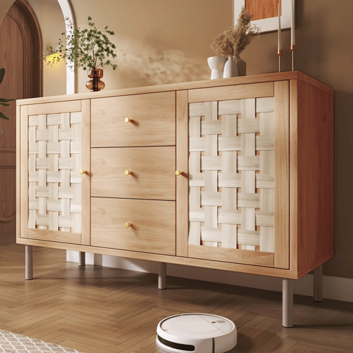 Aparador 120 x 40 x 75 cm - 2 portas, 3 gavetas, prateleiras ajustáveis, pés metálicos, antiderrapante, para sala de estar, corredor, cozinha - carvalho