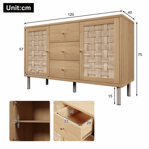 Aparador 120 x 40 x 75 cm - 2 portas, 3 gavetas, prateleiras ajustáveis, pés metálicos, antiderrapante, para sala de estar, corredor, cozinha - carvalho