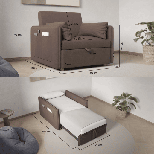 Poltrona cama Nest 1 Nalui Recliner 3 em 1 (93x100x79cm) com 2 almofadas Marrón Chocolate