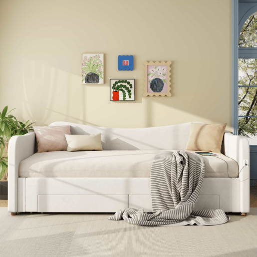 Cama tipo sofá-cama 90x200 cm - 2 gavetas de arrumação, sofá-cama extensível 180 cm, com porta USB - bege Cama tipo sofá-cama 90x200 cm - 2 gavetas de arrumação, sofá-cama extensível 180 cm, com porta USB - bege