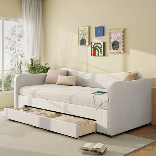 Cama tipo sofá-cama 90x200 cm - 2 gavetas de arrumação, sofá-cama extensível 180 cm, com porta USB - bege Cama tipo sofá-cama 90x200 cm - 2 gavetas de arrumação, sofá-cama extensível 180 cm, com porta USB - bege
