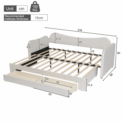 Cama tipo sofá-cama 90x200 cm - 2 gavetas de arrumação, sofá-cama extensível 180 cm, com porta USB - bege Cama tipo sofá-cama 90x200 cm - 2 gavetas de arrumação, sofá-cama extensível 180 cm, com porta USB - bege