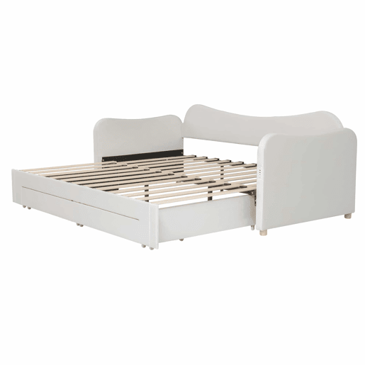 Cama tipo sofá-cama 90x200 cm - 2 gavetas de arrumação, sofá-cama extensível 180 cm, com porta USB - bege Cama tipo sofá-cama 90x200 cm - 2 gavetas de arrumação, sofá-cama extensível 180 cm, com porta USB - bege