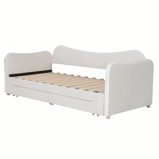 Cama tipo sofá-cama 90x200 cm - 2 gavetas de arrumação, sofá-cama extensível 180 cm, com porta USB - bege Cama tipo sofá-cama 90x200 cm - 2 gavetas de arrumação, sofá-cama extensível 180 cm, com porta USB - bege