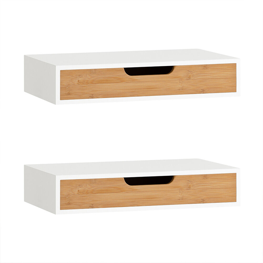 Sobuy | set de 2 estantes de pared blancos con cajón | balda flotante con un cajón y un estante | mesilla de noche mural en mdf | 40×24×8 cm | capacidad de carga 16 kg | frg92-wnx2