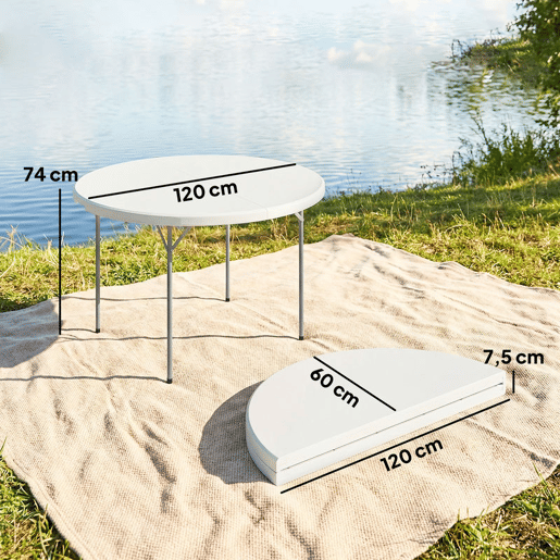 Outsunny Mesa Dobrável Camping, 120x120x74 cm Mesa Dobrável Portátil Leve com Tampo de HDPE Almofadas Antiderrapantes Estrutura Metálica para Acampar Caminhadas Praia Branco