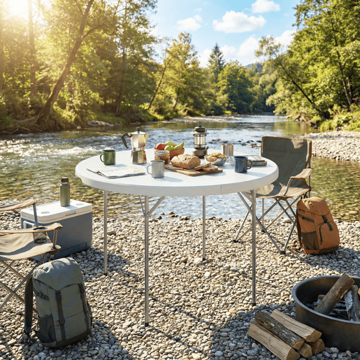 Outsunny Mesa Dobrável Camping, 120x120x74 cm Mesa Dobrável Portátil Leve com Tampo de HDPE Almofadas Antiderrapantes Estrutura Metálica para Acampar Caminhadas Praia Branco