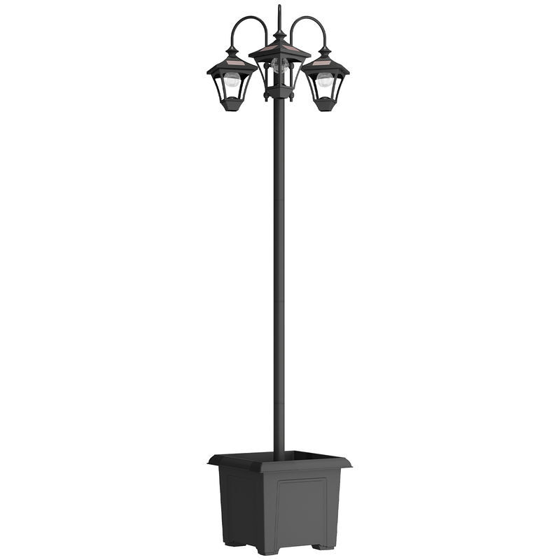 Outsunny farola solar exterior de jardín con macetero 3 cabezales impermeable ip44 encendido/apagado automático y altura ajustable luz solar de exterior led para terraza patio 52x52x185 cm negro