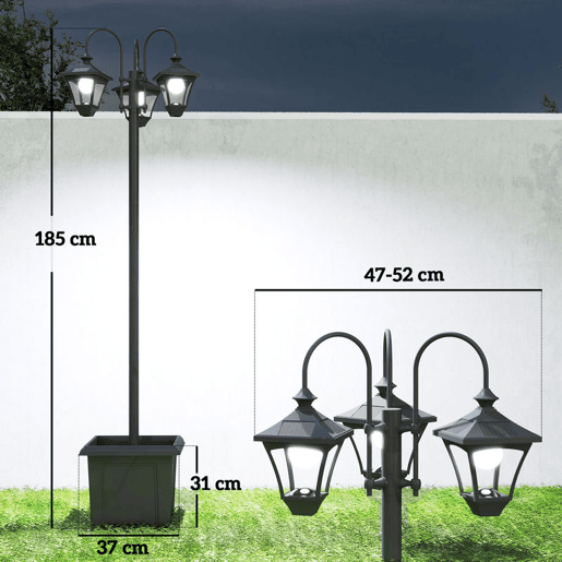 Outsunny Candeeiro Solar de Jardim com Floreiras 3 Cabeças Impermeável IP44 LigaçãoDesligamento Automático e Altura Ajustável Candeeiro Solar de Exterior LED para Terraço Pátio 52x52x185 cm Preto
