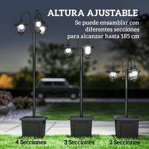 Outsunny Candeeiro Solar de Jardim com Floreiras 3 Cabeças Impermeável IP44 LigaçãoDesligamento Automático e Altura Ajustável Candeeiro Solar de Exterior LED para Terraço Pátio 52x52x185 cm Preto