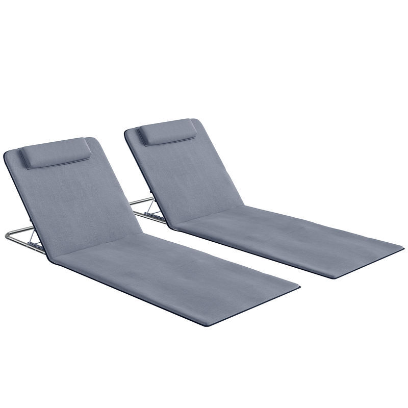 Outsunny conjunto de 2 esterillas de playa plegables, esterillas con respaldo reclinable en 5 niveles, reposacabezas y bolsa de transporte, 134x48x33-43 cm, gris