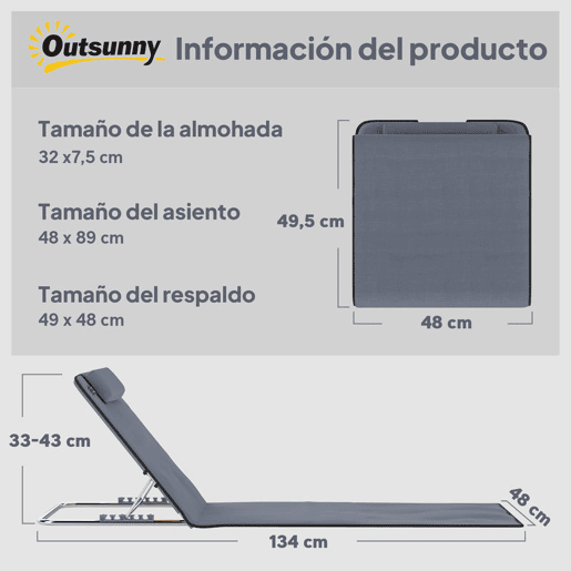 Outsunny Conjunto de 2 Esteiras de Praia Dobráveis Esteiras com Encosto Reclinável em 5 Níveis Apoio para Cabeça e Bolsa de Transporte 134x48x33-43 cm Cinzento