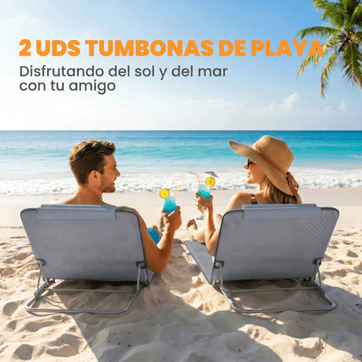 Outsunny Conjunto de 2 Esteiras de Praia Dobráveis Esteiras com Encosto Reclinável em 5 Níveis Apoio para Cabeça e Bolsa de Transporte 134x48x33-43 cm Cinzento