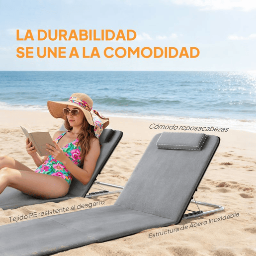 Outsunny Conjunto de 2 Esteiras de Praia Dobráveis Esteiras com Encosto Reclinável em 5 Níveis Apoio para Cabeça e Bolsa de Transporte 134x48x33-43 cm Cinzento