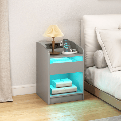 HOMCOM Mesa de Cabeceira com Luzes LED Mesa de Cabeceira com Gaveta Prateleira Estação de Carregamento Entrada USB e Controlo Remoto 40x40x58 cm Cinzento