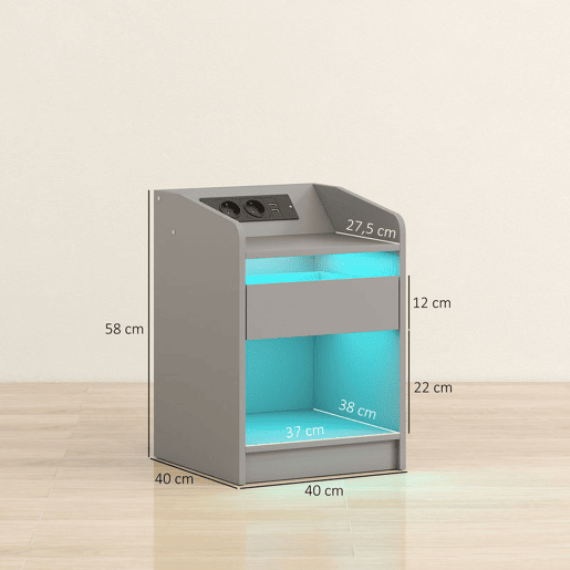 HOMCOM Mesa de Cabeceira com Luzes LED Mesa de Cabeceira com Gaveta Prateleira Estação de Carregamento Entrada USB e Controlo Remoto 40x40x58 cm Cinzento