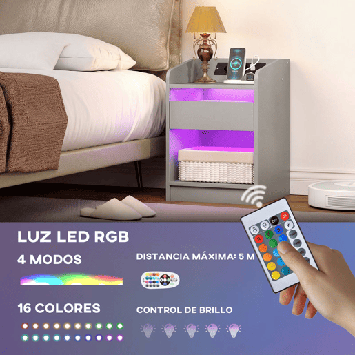 HOMCOM Mesa de Cabeceira com Luzes LED Mesa de Cabeceira com Gaveta Prateleira Estação de Carregamento Entrada USB e Controlo Remoto 40x40x58 cm Cinzento