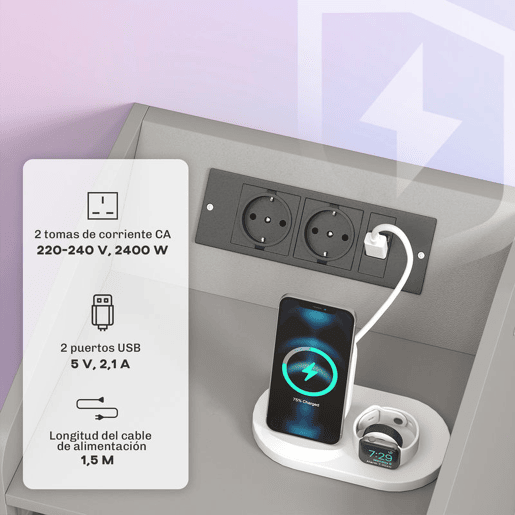 HOMCOM Mesa de Cabeceira com Luzes LED Mesa de Cabeceira com Gaveta Prateleira Estação de Carregamento Entrada USB e Controlo Remoto 40x40x58 cm Cinzento