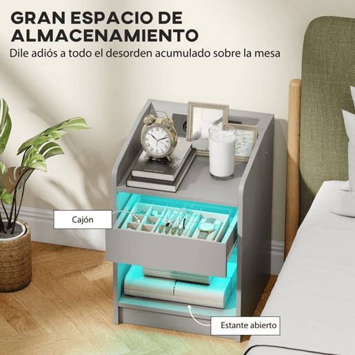 HOMCOM Mesa de Cabeceira com Luzes LED Mesa de Cabeceira com Gaveta Prateleira Estação de Carregamento Entrada USB e Controlo Remoto 40x40x58 cm Cinzento