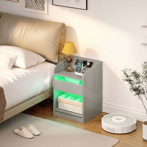 HOMCOM Mesa de Cabeceira com Luzes LED Mesa de Cabeceira com Gaveta Prateleira Estação de Carregamento Entrada USB e Controlo Remoto 40x40x58 cm Cinzento