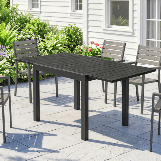 Outsunny Mesa de Jardim Extensível 80160x80 cm Mesa de Jantar Exterior Extensível Retangular de Alumínio com Superfície de Ripas de Efeito Madeira para 4-6 Pessoas para Pátio Terraço Preto
